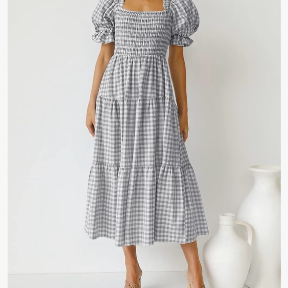 ZESICA Women's Bohemian Summer Plaid Square Neck Puff Sleeve Midi Dress size LG